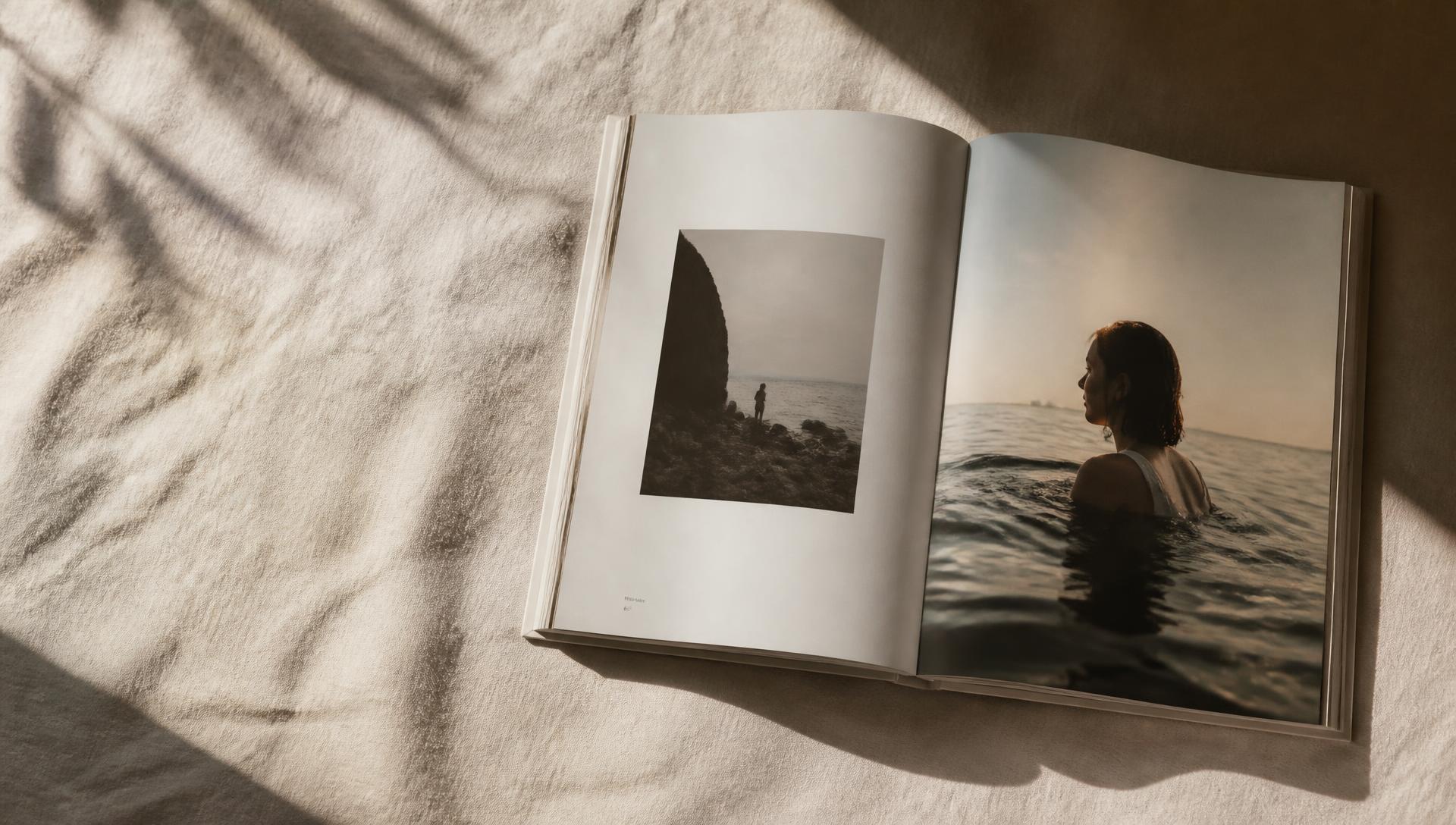 Fotolibro abierto sobre lino con luz natural